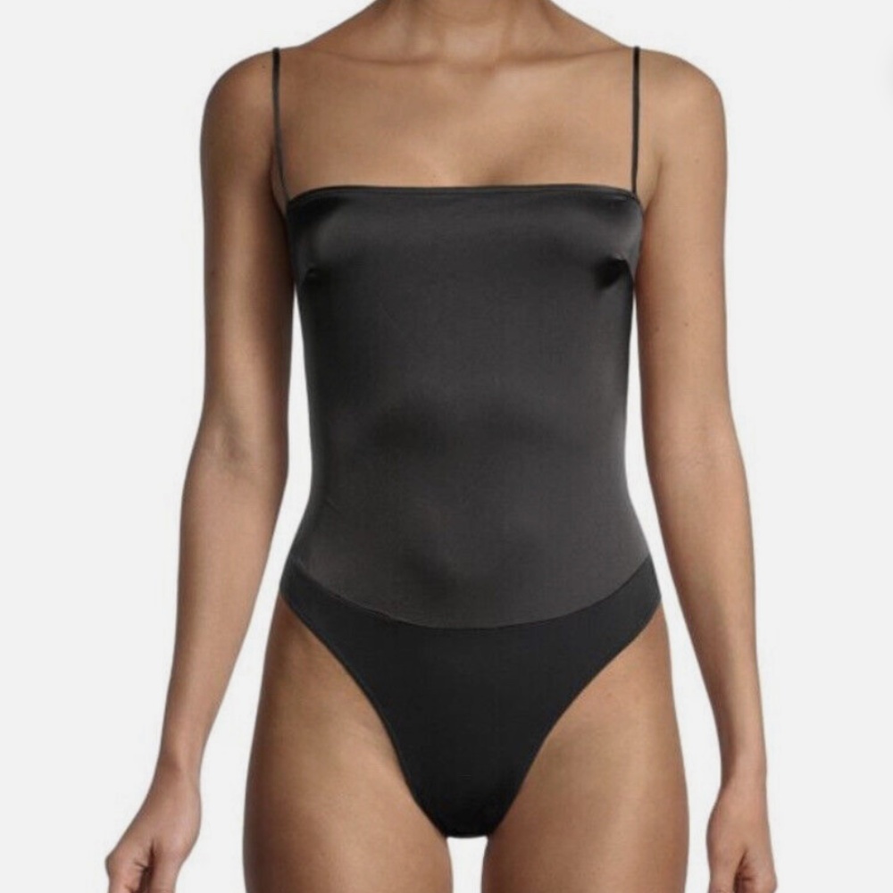 WeWoreWhat Size Medium Black Satin Chiffon Strappy Bodysuit